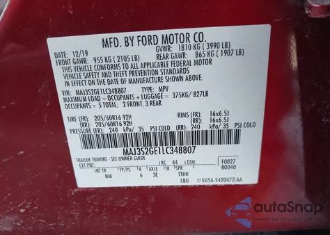 2020 Ford Ecosport Se z USA, uszkodzony, nr VIN MAJ3S2GE1LC348807